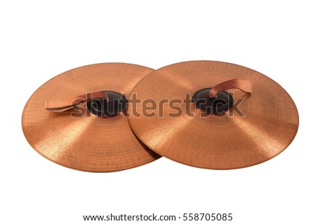 Close up of an prcussion cymbals with leather handle  isolated on background. Royalty-Free Stock Photo #558705085