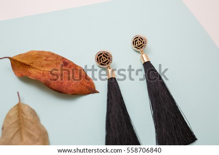 gold earrings - jewelry lying on a blue background with dry leaves