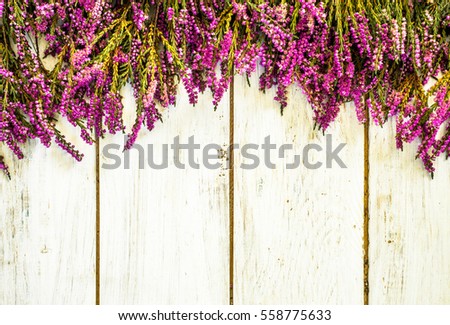 Heather on wooden background, flowers frame, greetings card for mother's day 