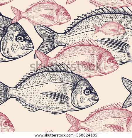 Seamless vector pattern with animals under water. Colored fish on pastel background. Vintage engraving art. Black and Pink hand drawing sketch. Kitchen design with seafood for paper, wrapping, fabrics