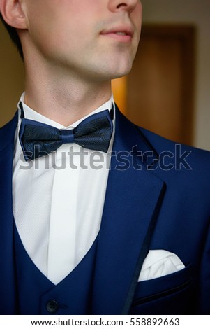 beautiful blue bowtie on the neck of handsome groom