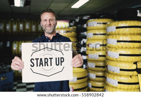 Car Parts Shop Owner Holding Placard Warehouse Startup Concept