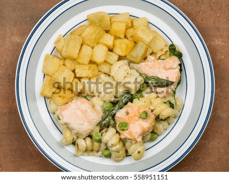 Healthy Salmon and Asparagus Primavera Italian Style Pasta Dish
