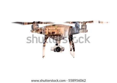 Double exposure. Hovering drone and big old warehouse. Isolated.