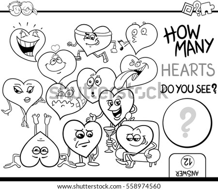 Black and White Cartoon Illustration of Educational Counting Activity for Children with Hearts Valentines Day Characters Coloring Page