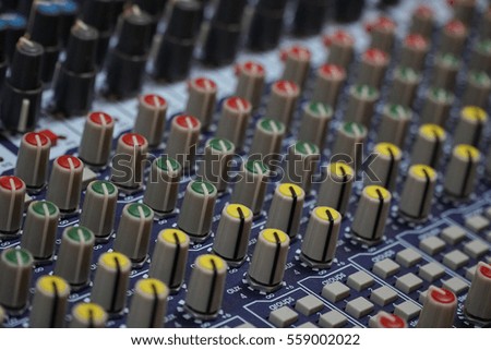 Large Music Mixing desk equipment for sound control buttons equipment for sound mixer control.
