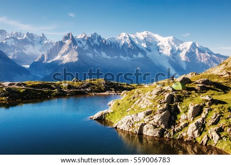 Views of the Mont Blanc glacier with Lac Blanc. Perfect and gorgeous scene. Location place Nature Reserve Aiguilles Rouges, Graian Alps, France, Europe. Vintage effect. Instagram filter. Beauty world.