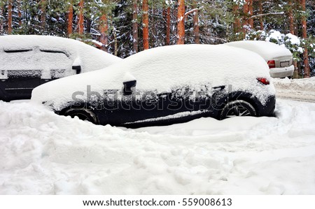 Beautiful winter landscape. Cars covered with snow after huge snowfall. Roads and vehicles hidden under snow.  