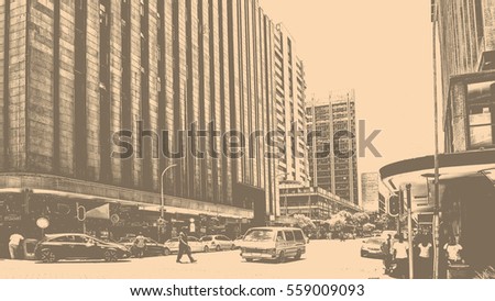 Amazing vintage of city life. Black and White Photography. Urban landscape. CBD lifestyle. People walk in the city. Matte background. Streets of the city. Stunning retro view