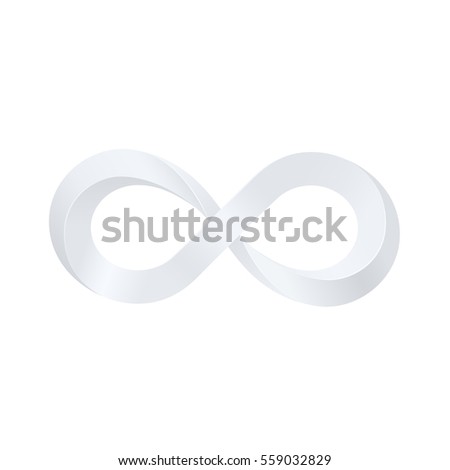 White realistic 3d infinity symbol. Logo design element. Isolated on white background. Free space for text. Vector illustration.