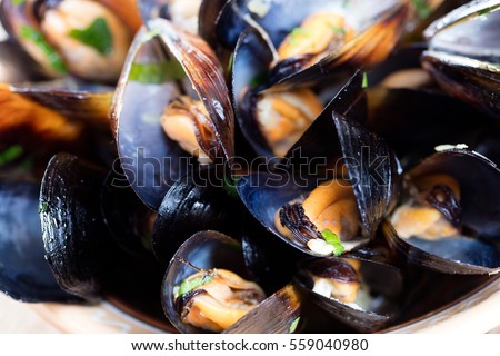 Steamed mussels in white wine sauce Royalty-Free Stock Photo #559040980