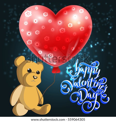 Valentine vector illustration of happy Valentine Day with cute Teddy bear toy and a balloon in the shape of a heart with pattern, valentines day, Valentine background Teddy bear toy