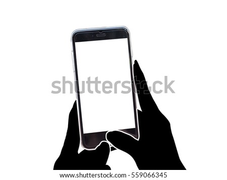 Cropped shot view of man's hands making photo on mobile with white background
