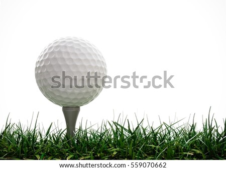 Golf ball with tee in the grass on white background