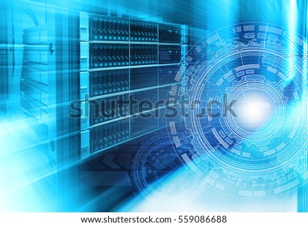 futuristic techno design on background of fantastic supercomputer data center Royalty-Free Stock Photo #559086688