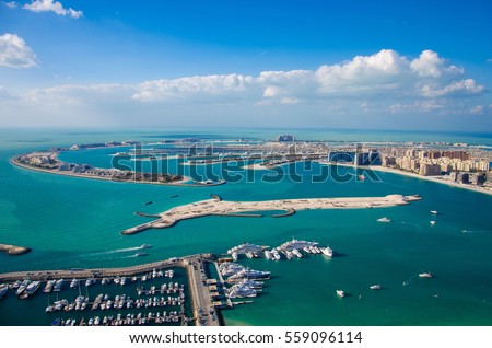 Beautiful panoramic view on the Palm Jumeirah from the 66th floor, Dubai, United Arab Emirates Royalty-Free Stock Photo #559096114
