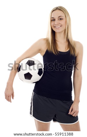 Full isolated studio picture of a young and beautiful woman with football soccer ball