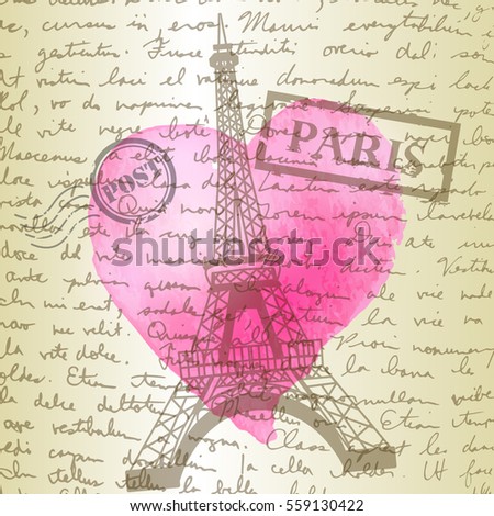 hand-drawn writing background with eiffel tower and watercolor heart perfect for Valentine's day background