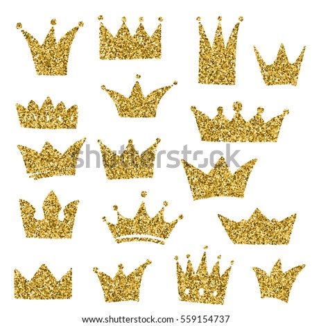 Set of hand-drawn crowns in doodle style. Cold glitter texture. Golden gloss effect. Sparkling diadems.