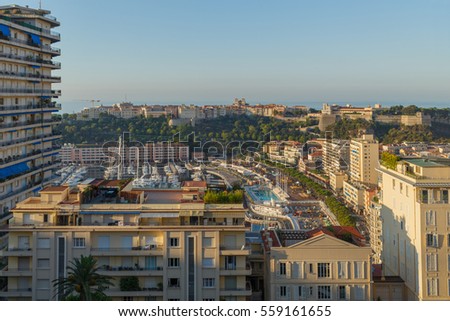 panoramic views of Mediterranean coast, bay and neighborhoods of La Condamine