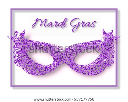 Purple Glitter Vector Carnival Mask with Frame on White Background. Illustration for Holiday Design,  confetti, tinsel, sequins, bling, shimmer dust. Can be used for web, Masquerade, Mardi Gras. 