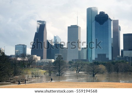 The consequences of the spill Buffalo Bayou River in Houston. Flooded park on Downtown city background