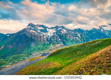 Summer morning view of Grossglockner mountain range from Grossglockner High Alpine Road. Colorful sunset in Austrian Alps, Zell am See district, state of Salzburg in Austria, Europe. 