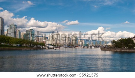 A view of sunny Yaletown from False Creek Sea walk. Downtown of Vancouver. Canada.