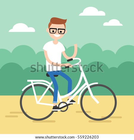 Young nerd riding a bike and waving his hand / editable flat vector illustration, clip art
