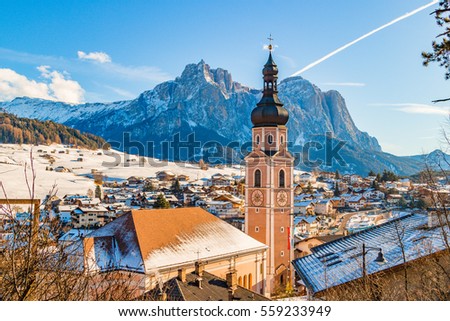 Panoramic view of winter mountain landscape with Italian village