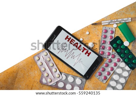 Medicine, pills, technology. Call a doctor. Isolated.