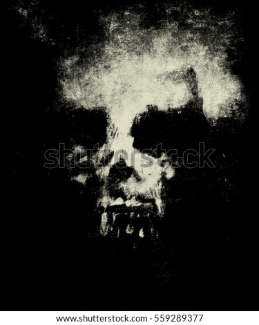 Skull On Isolated Black Background. Design For T-Shirt Print With Skull. Dark Scary Wallpaper.