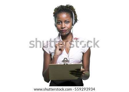 Portrait of a beautiful african secretary with handset. Online
