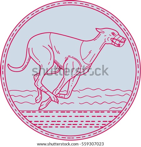 Mono line style illustration of a greyhound dog racing viewed from the side set inside circle on isolated background. 