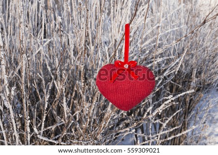 Heart in snow. Congratulation on St. Valentine's Day. Greeting card. Romantic background