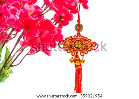 Chinese new year decoration on white background ,Chinese characters text means: rich, successfully, happiness, peace, riches and honour, auspicious , good luck