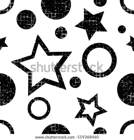 Seamless vector pattern. geometric background with geometric figures, forms, stars, circles. Grunge texture with attrition, cracks and ambrosia. Old style vintage design. Graphic illustration..
