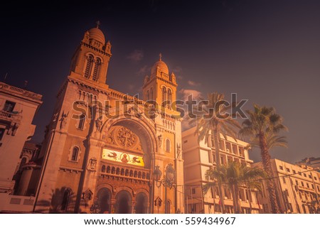 The catholic Cathedral of St Vincent de Paul at the Place de l'Independence in the Ville Nouvelle. Tunisia, Tunis.