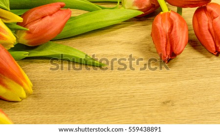 Tulip blossoms in red-yellow with wooden background