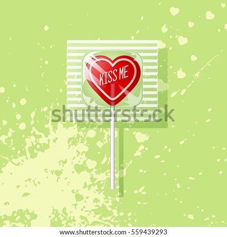 Valentine heart shaped lollipop on green background. Retro candy design, kiss me.