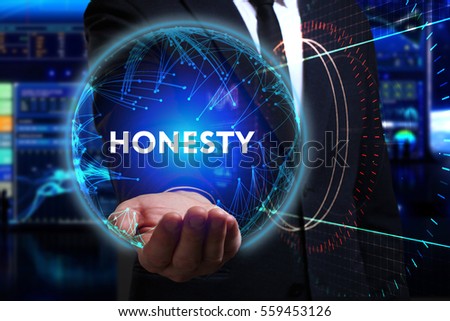 Business, Technology, Internet and network concept. Young businessman working in the field of the future, he sees the inscription: honesty 