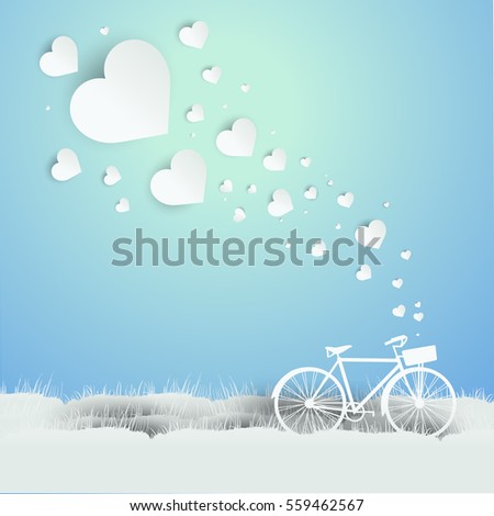 Bicycle of love on light Blue background, Valentine Love Stories, Romantic Tales for February, paper art, craft style vector illustration