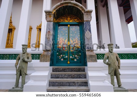 Public place , Traditional and architecture Door Buddhist Church at  Wat Suthat temple in Bangkok, Thailand.