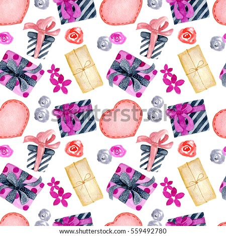 Watercolor Valentine's Day greeting card template, seamless pattern, poster, wrapping paper. Gifts and presents, hearts, and other romantic elements 
