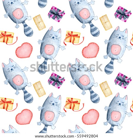 Valentine's Day greeting card template, seamless pattern, poster, wrapping paper. Watercolor cats with presents, gifts, hearts  and other romantic elements 