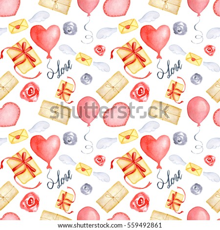 Watercolor Valentine's Day greeting card template, seamless pattern, poster, wrapping paper. Gifts and presents, hearts, baloons and other romantic elements 