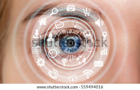 Close-up of woman eye using multimedia network with modern icons 3D rendering