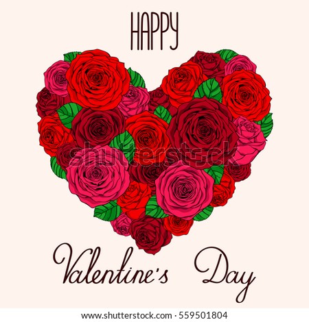 Card Valentine's day - heart from roses with lettering on a light background. Vector illustration