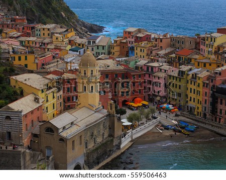The village of Vernazza at twilight. Cinque Terre, Italy. Unesco World Heritage Site. aerial view evening skyscene, Seascape in Five lands, Cinque Terre National Park, Liguria Italy