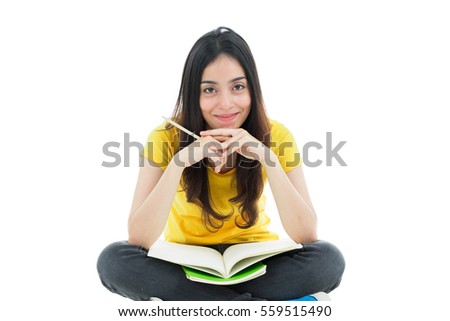 Young asian student girl with book. Isolated on white background.